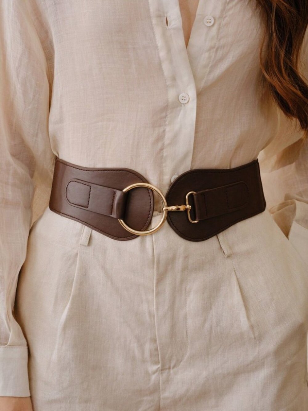 Brown Wide Vegan Leather Corset Belt with Gold Ring Buckle